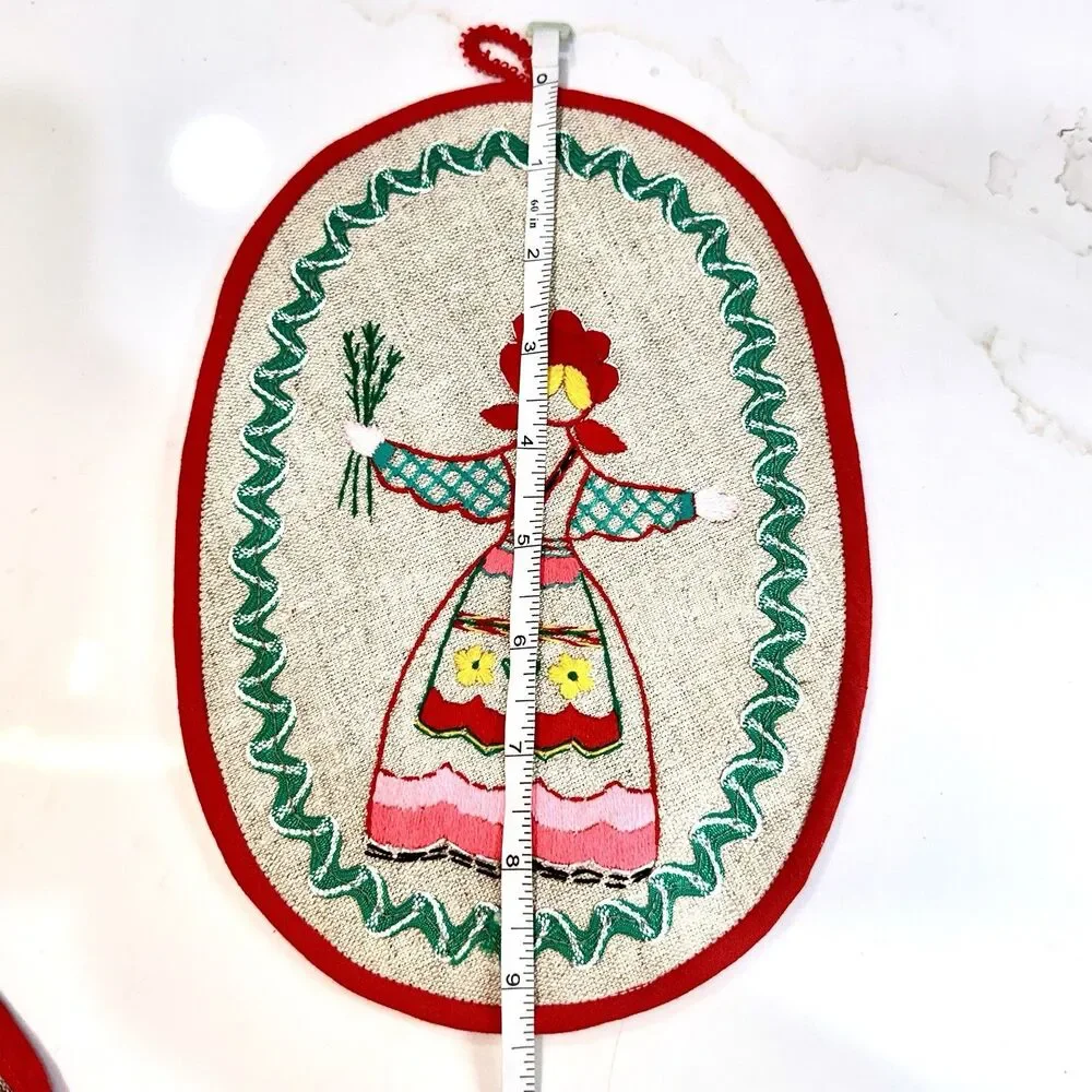 Vintage Scandinavian‎ Folk Art Embroidered Linen Pot Holder & Toaster Cover Set